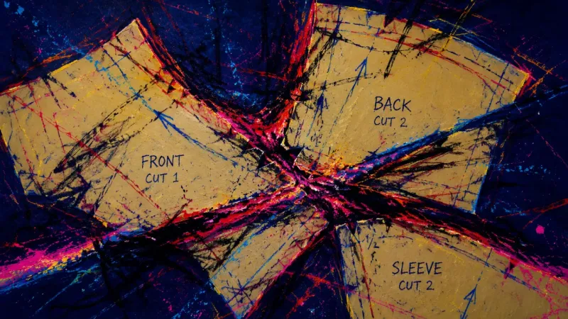 Pattern Under Pressure A distorted sewing pattern bound by chaotic lines, representing credibility anxiety and inflated