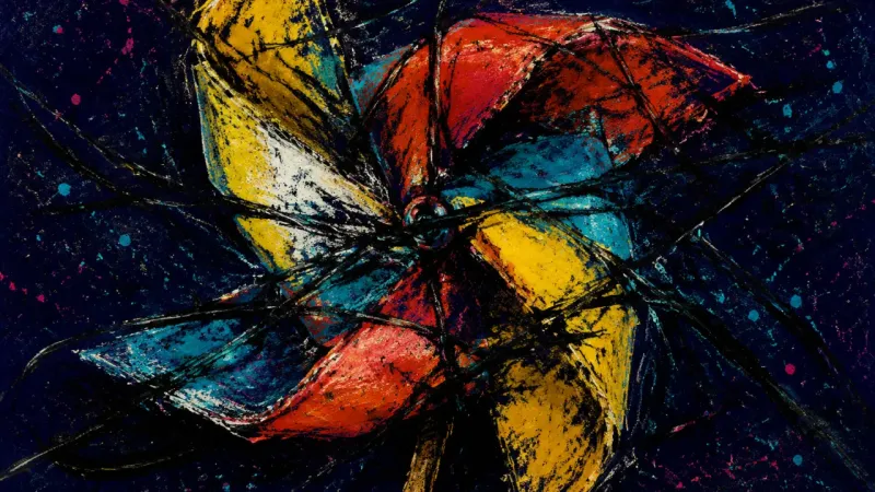 A pinwheel crushed into a tangled knot, representing viral overexposure, compulsive validation, and1