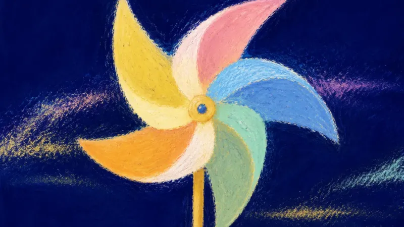 A pinwheel opening into a balanced radial form, representing private values restoring directionやyond