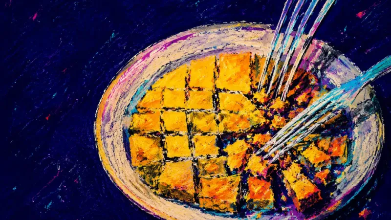 A dinner plate with one serving cut into countless tiny pieces, symbolizing self-editing and lost