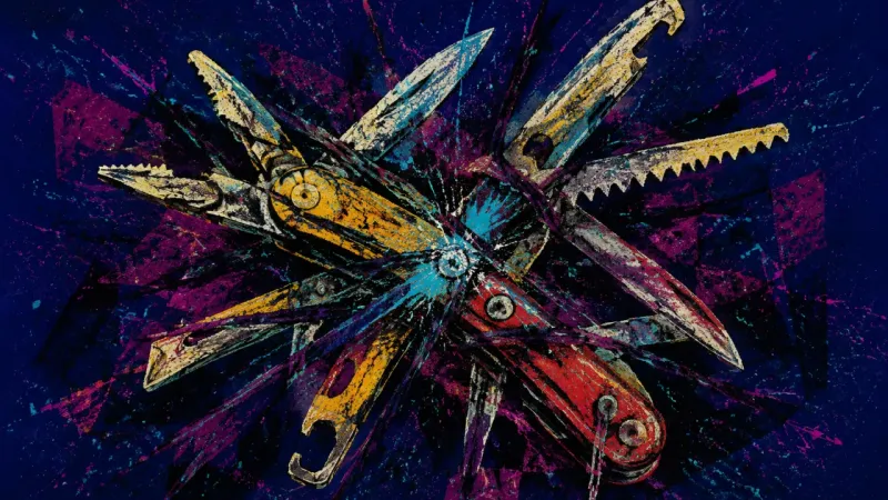 A distorted multitool bound by dense crossing lines, showing how fear and over-interpretation turn 