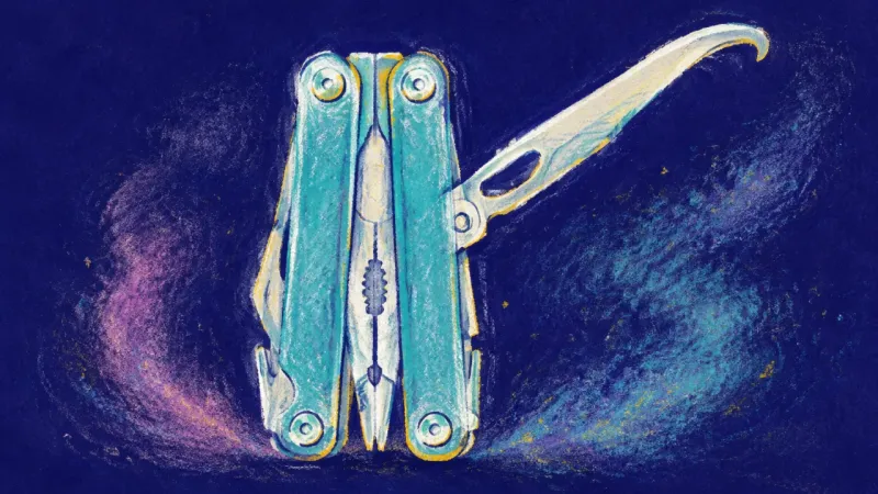 An orderly multitool with one implement open, representing grounded discernment through a small, 
