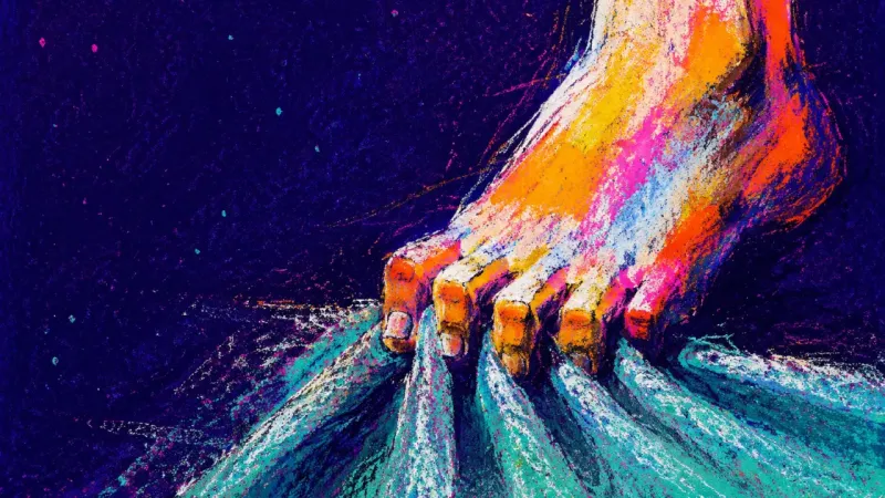 A cropped foot bunches a bath mat under tightly curled toes, symbolizing tension before sending a 6f