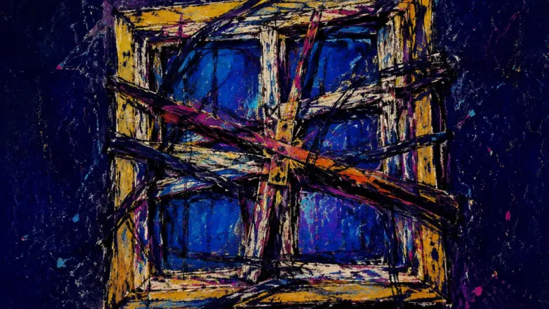 Frame Under Judgment A distorted window frame bound by chaotic lines, representing apprehension and delayed self-advocacy