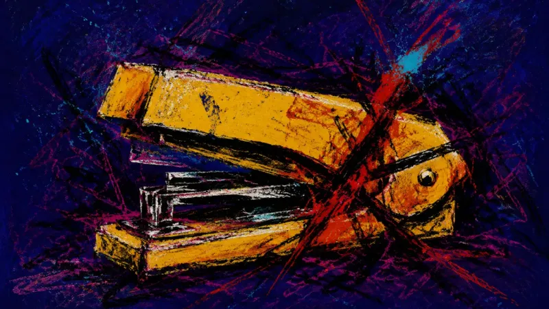An abstract stapler crushed closed by tangled lines, representing self-doubt that keeps an offscript