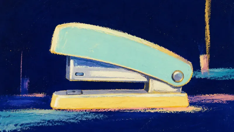 An abstract stapler reopened and restored, representing self-trust built through one practical step₂