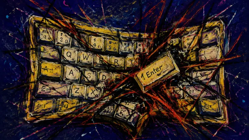 A crushed keyboard tangled by chaotic lines represents religious pressure, moral self-doubt, and the
