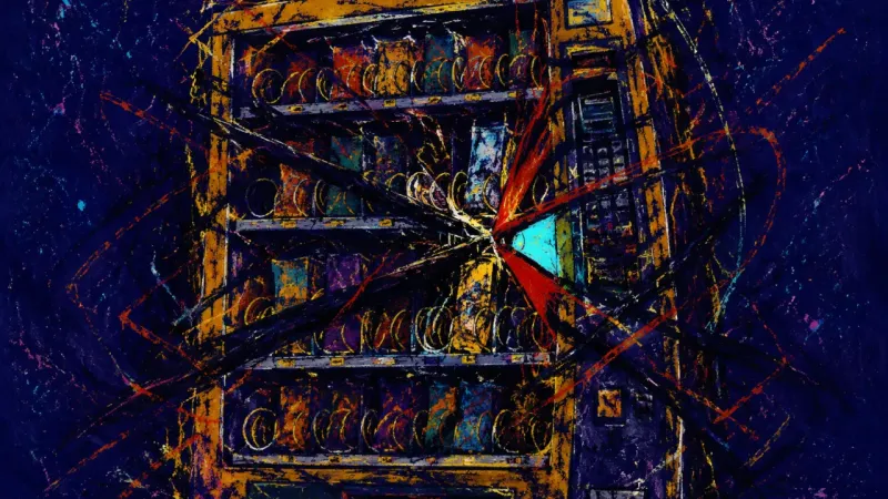 Jammed Reward Grid A vending machine crushed into a tangled selection grid, representing hypervigilance and the compuls