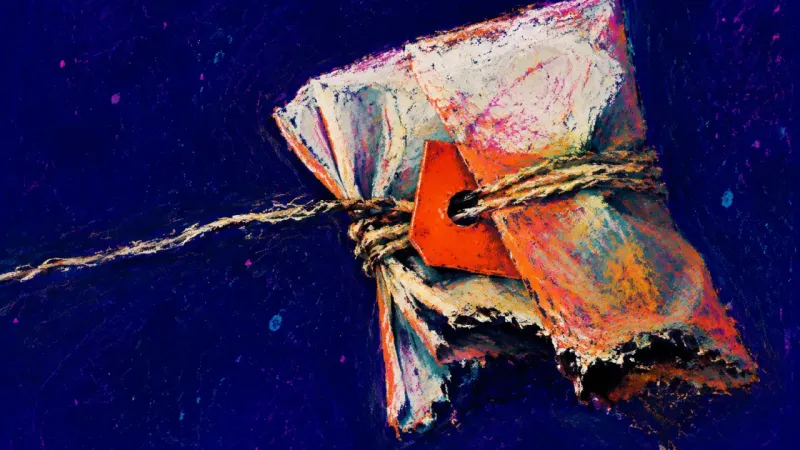A tea bag cinched and torn by its own string, symbolizing guilt-driven waiting for family changeベ