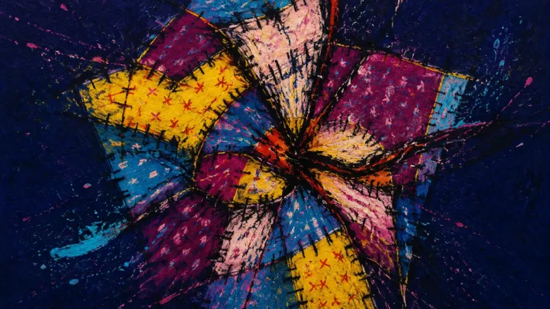 A quilt crushed into overlapping panels and tangled seams, representing family guilt that keeps a