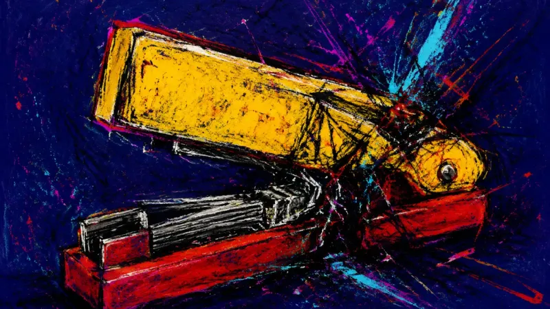 Jammed Composure A crushed stapler representing the pressure to appear healed while honest pain remains trapped and_s