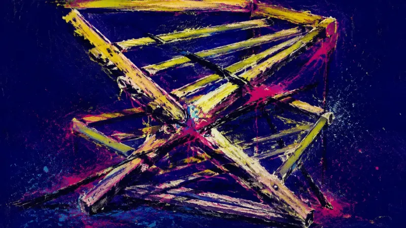 Framework Under Siege A crushed drying rack bound by chaotic lines, representing consensus-driven procrastination and the