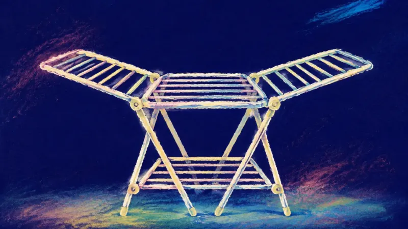 Structure That Breathes A fully opened drying rack with evenly spaced rails, representing an adjustable household routine a