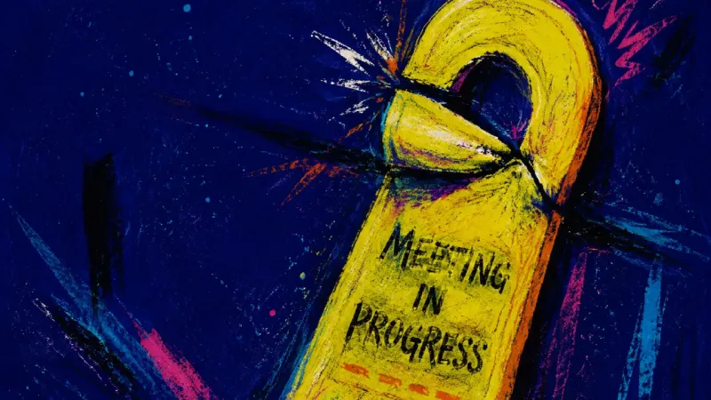 A damaged meeting-room door hanger symbolizes shutting out practical support while trying to manage
