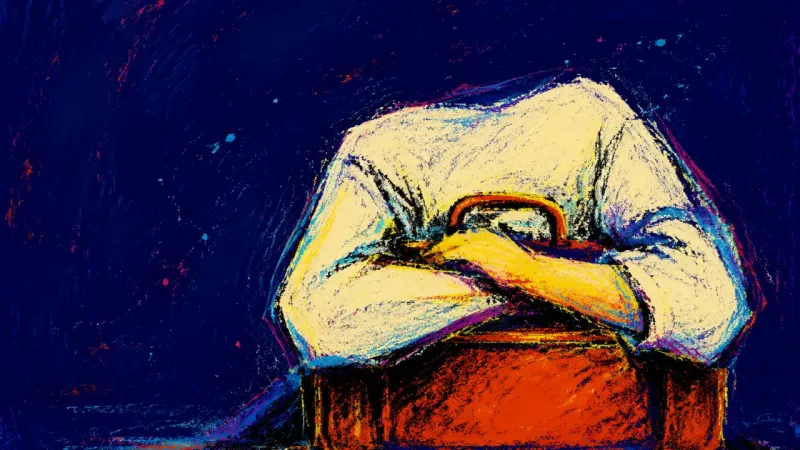 Unopened Potential A faceless figure curls around a closed suitcase, symbolizing fear of making a desired career pathTt