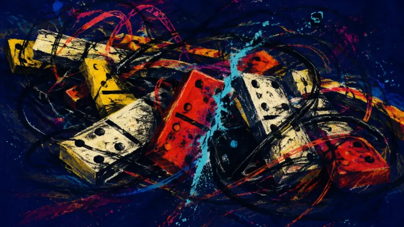 Collapsed Sequence Abstract dominoes collapsing into a blocked chain, representing career avoidance, self-doubt, and