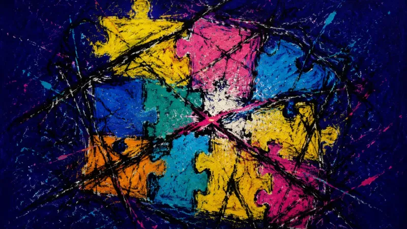 A jigsaw puzzle jammed into mismatched pieces, representing creative perfectionism, delayed sharing,