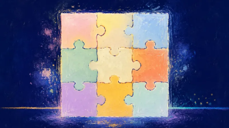 A completed jigsaw puzzle with aligned pieces, representing a creative pitch moving from perfection­