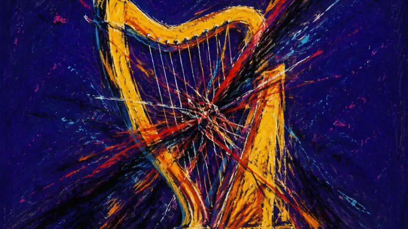 An abstract harp crushed by tangled lines, representing attachment to an emotionally distant partner