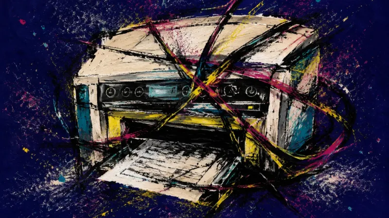 The Jammed Output An abstract printer overwhelmed by tangled lines, representing overwork, blocked recognition, and a