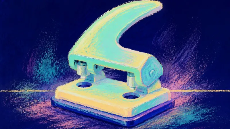 A restored hole punch represents grounded completion, with pressure released and a once-avoided task