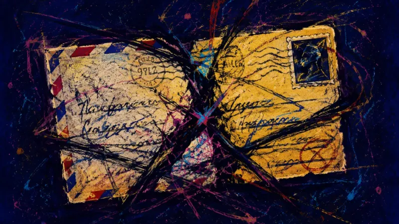Addressless Compression A collapsed postcard with its message and recipient areas tangled together, symbolizing indirect