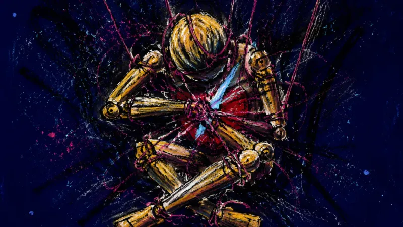 A tangled puppet represents the pressure to appear healed when returning to a friend group and conce