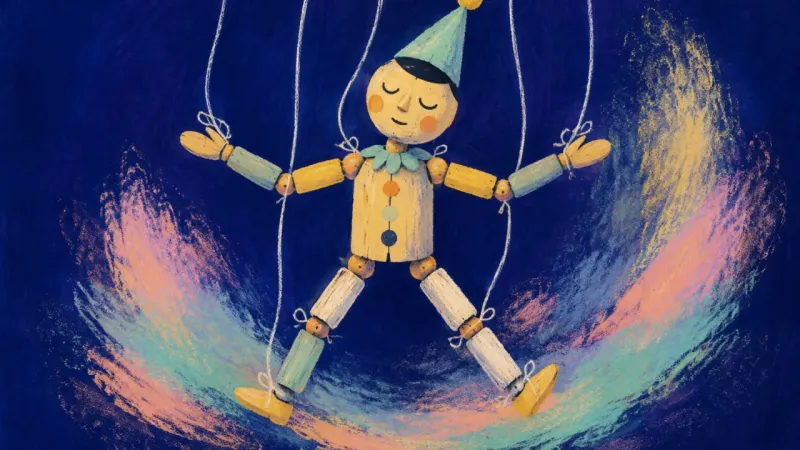 A balanced puppet with loosened strings, representing belonging that allows unfinished feelings,�hon