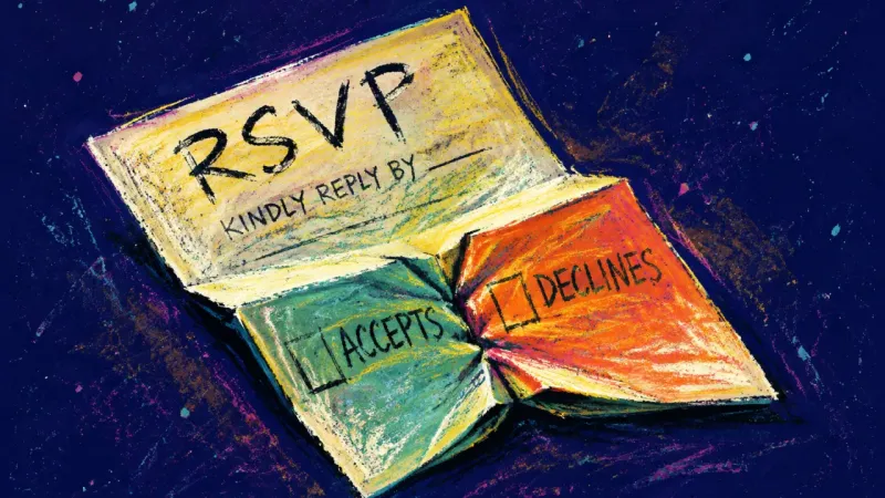 A crushed RSVP card with its accept and decline choices overlapping, symbolizing adult leadership,