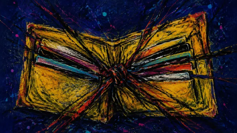 An abstract wallet crushed into overlapping compartments, symbolizing adult authority collapsingב