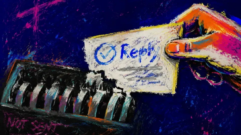 A hand repeatedly pulls a completed reply from a shredder, symbolizing hesitation over an obvious