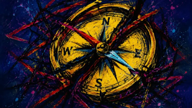 A distorted compass tangled in conflicting directions, representing decision paralysis disguised as