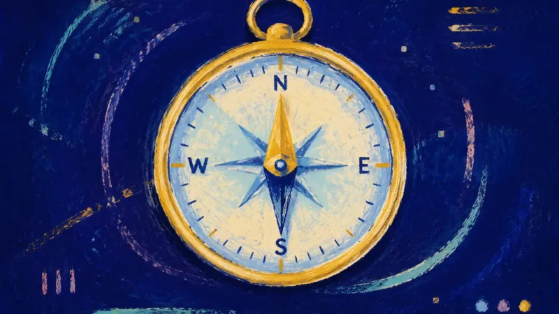 A restored compass pointing in one clear direction, representing grounded intuition balanced with e