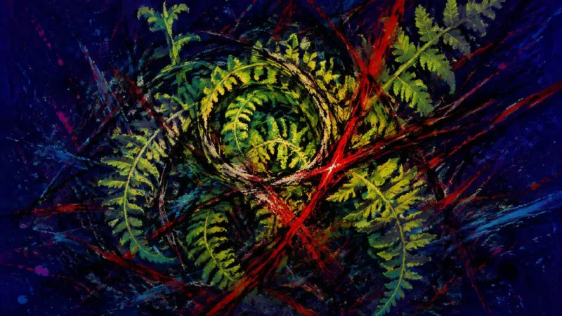 Crushed Unfurling A compressed fern entangled in chaotic lines, representing the fear of testing a new direction.