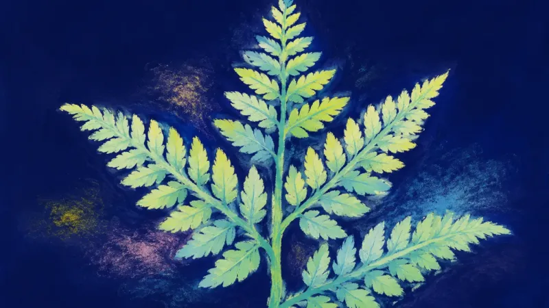 Measured Unfurling A fern unfurling into an orderly branching form, representing grounded self-trust after a small real