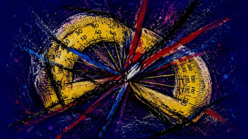 A distorted protractor represents a temp's anxious overwork and fear of being judged without clear