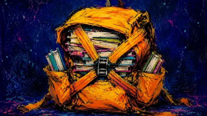 The Burden Loop An overloaded backpack cinched around course books, symbolizing the fear that reducing a student's##