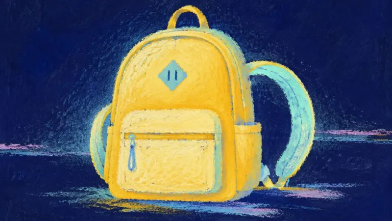 Room to Learn A restored backpack with open compartments, symbolizing a sustainable course load, balanced focus,00