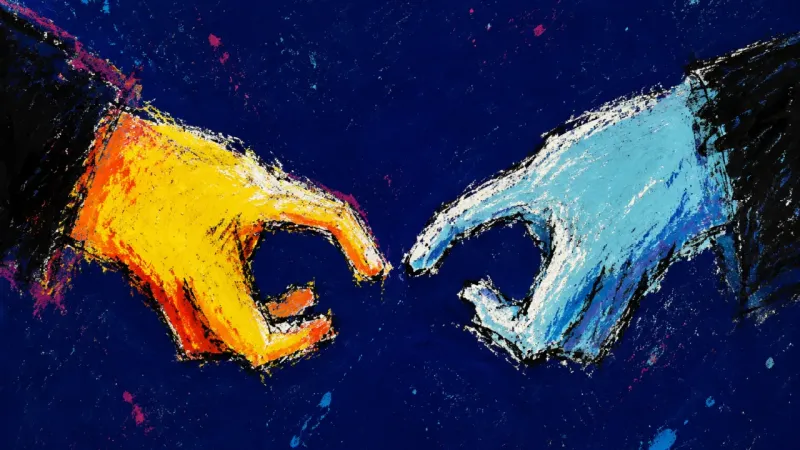 The Unfinished Reach Two hands stop before a handshake, symbolizing the fear of entering a new community alone despite\nw
