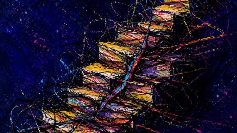 Blocked Ascent An abstract staircase buckled into a dense obstruction, representing loneliness, fear of exclusion,