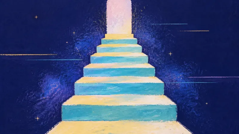 Steady Arrival An abstract staircase restored to an orderly sequence, representing grounded hope and gradual