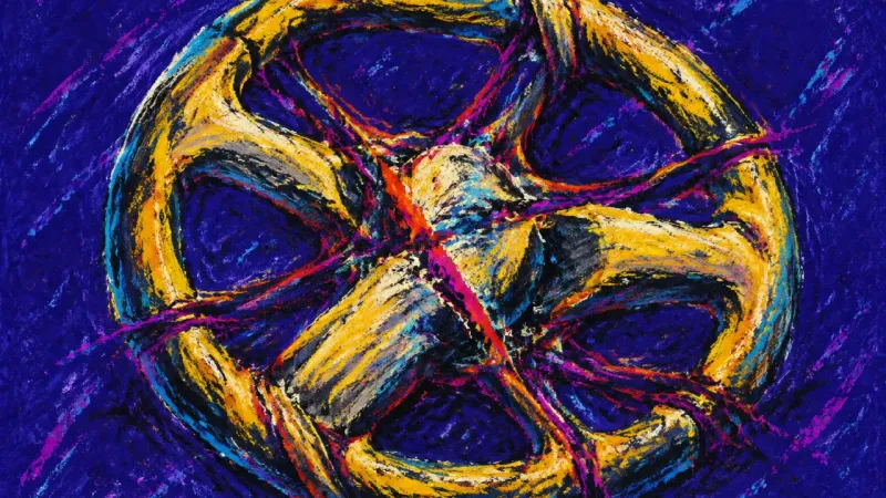 Borrowed Steering A steering wheel crushed by dense crossing lines, representing adult agency suppressed by fear of