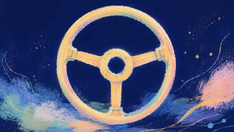 Direction Restored A restored steering wheel with balanced spokes and open contours, symbolizing self-trust and equal h