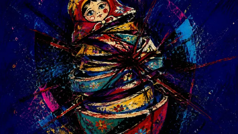 A crushed set of nesting dolls bound by recursive lines represents adult decisions trapped inside an