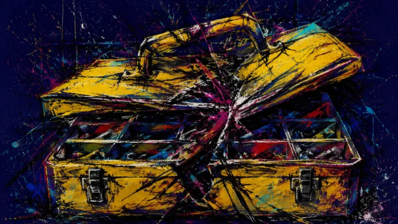 Compartmental Collapse A crushed toolbox overwhelmed by tangled lines, representing anxiety that keeps preparation separate