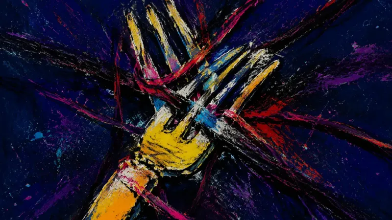 Crossed Commitments An abstract fork crushed and tangled, representing career choice paralysis, guilt, and fear of,