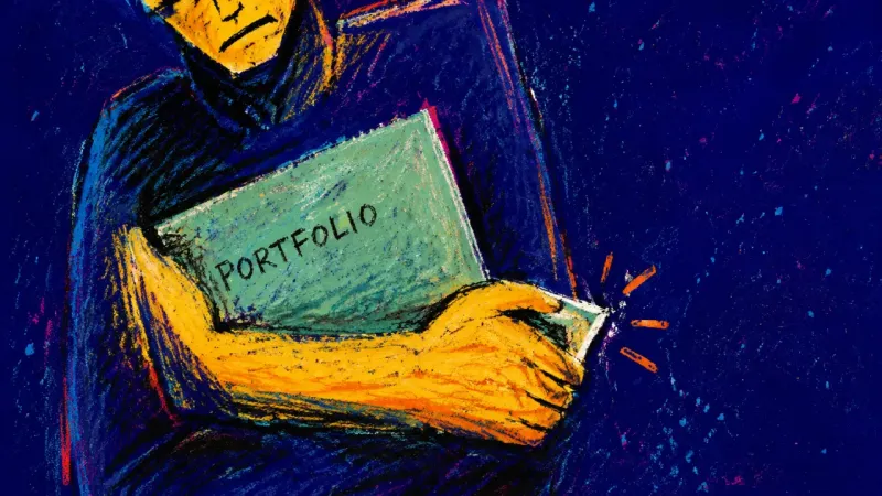 The Withheld Proof An abstract figure clutches a completed portfolio sample instead of sharing it, symbolizing fear