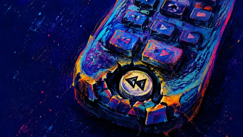 A remote control with its replay button crushed, symbolizing compulsive breakup analysis and fear of