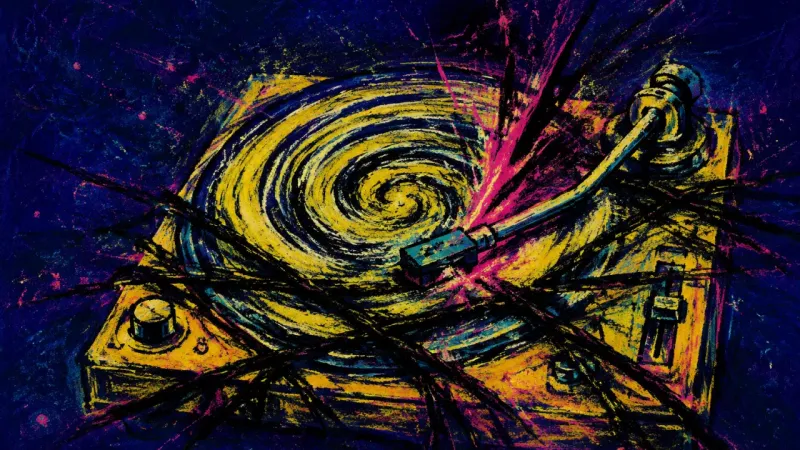 A warped turntable trapped in a repeating groove, representing grief, compulsive breakup analysis,