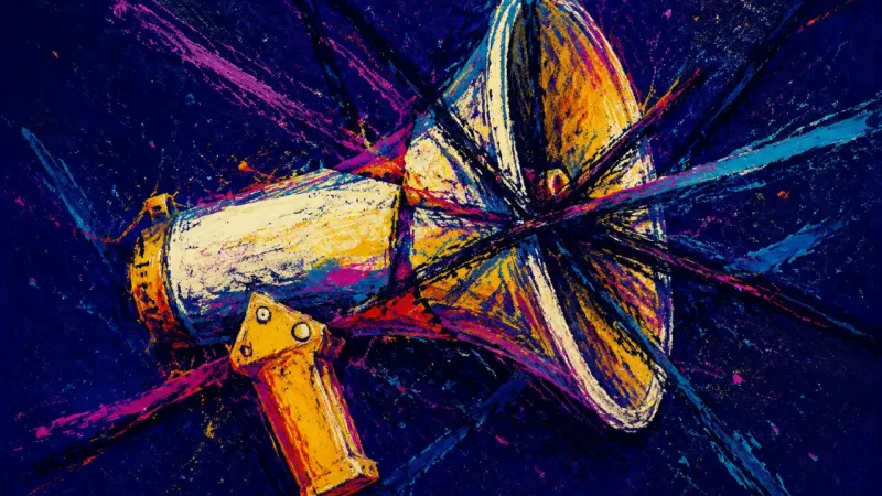 Broadcast Collapse A crushed megaphone represents social disorientation after breakup disclosure, when friends hear the